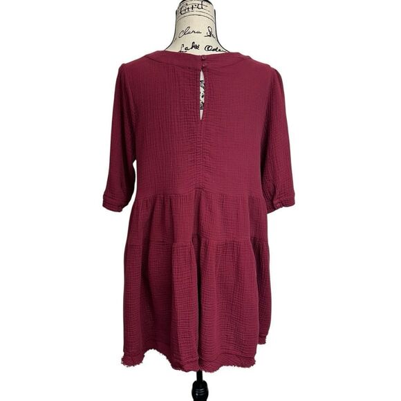 Newbury Kustom Maroon Textured Gauze Tiered Shift Babydoll Mini Dress, Small - Picture 4 of 10